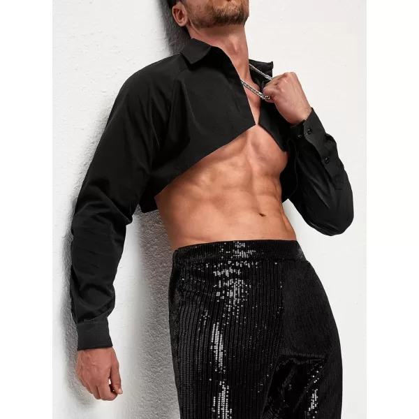 WDIRARA Men's Muscle Long Raglan Sleeve Open Front Super Crop Half Top Shirt