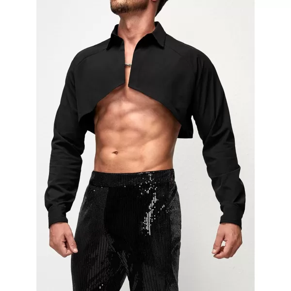 WDIRARA Men's Muscle Long Raglan Sleeve Open Front Super Crop Half Top Shirt