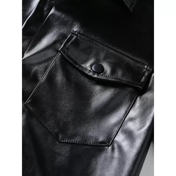 WDIRARA Men's Pu Leather Flap Pocket Short Sleeve Button Up Shirt Party Collar Top