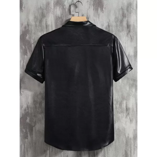 WDIRARA Men's Pu Leather Flap Pocket Short Sleeve Button Up Shirt Party Collar Top