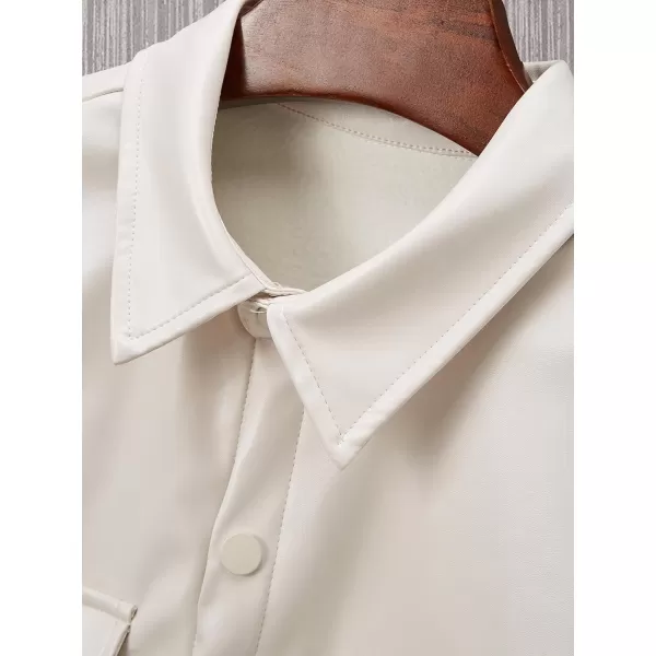 WDIRARA Men's Pu Leather Flap Pocket Short Sleeve Button Up Shirt Party Collar Top
