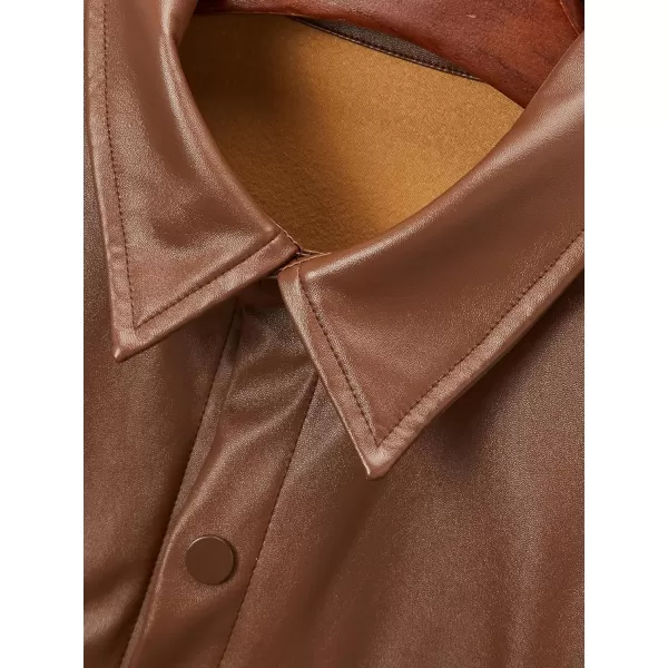 WDIRARA Men's Pu Leather Flap Pocket Short Sleeve Button Up Shirt Party Collar Top