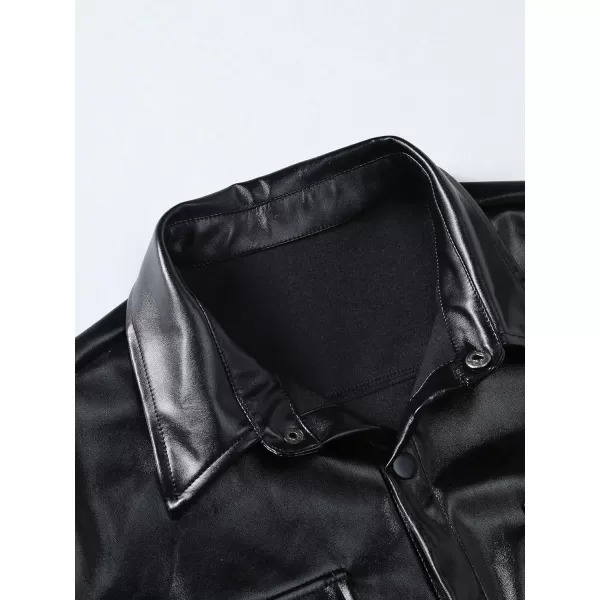 WDIRARA Men's Pu Leather Flap Pocket Short Sleeve Button Up Shirt Party Collar Top