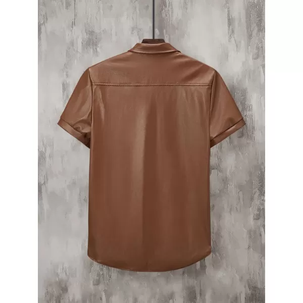 WDIRARA Men's Pu Leather Flap Pocket Short Sleeve Button Up Shirt Party Collar Top