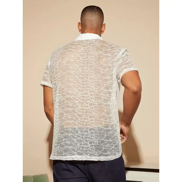WDIRARA Men's Sheer Mesh Lapel Collar Short Sleeve Button Up Shirt See Throught Tops