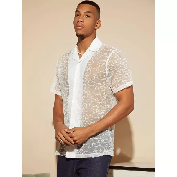 WDIRARA Men's Sheer Mesh Lapel Collar Short Sleeve Button Up Shirt See Throught Tops
