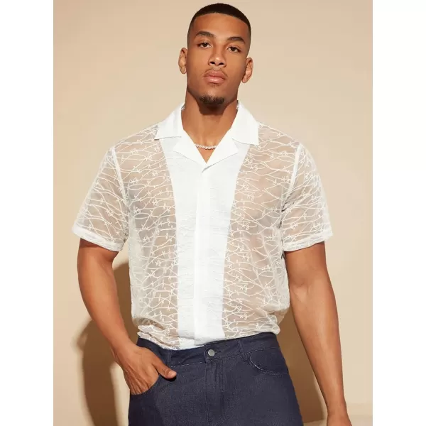 WDIRARA Men's Sheer Mesh Lapel Collar Short Sleeve Button Up Shirt See Throught Tops