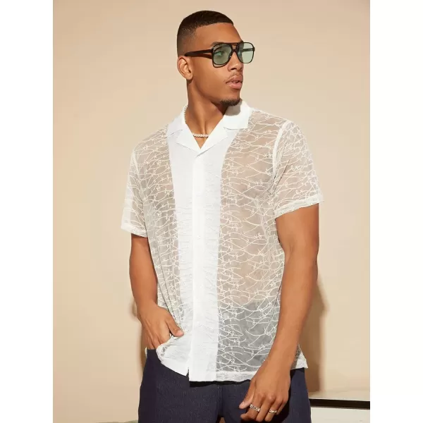 WDIRARA Men's Sheer Mesh Lapel Collar Short Sleeve Button Up Shirt See Throught Tops