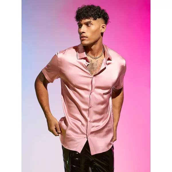 WDIRARA Men's Stand Collar Button Down Shirt Short Sleeve Button Front Top Satin Blouse