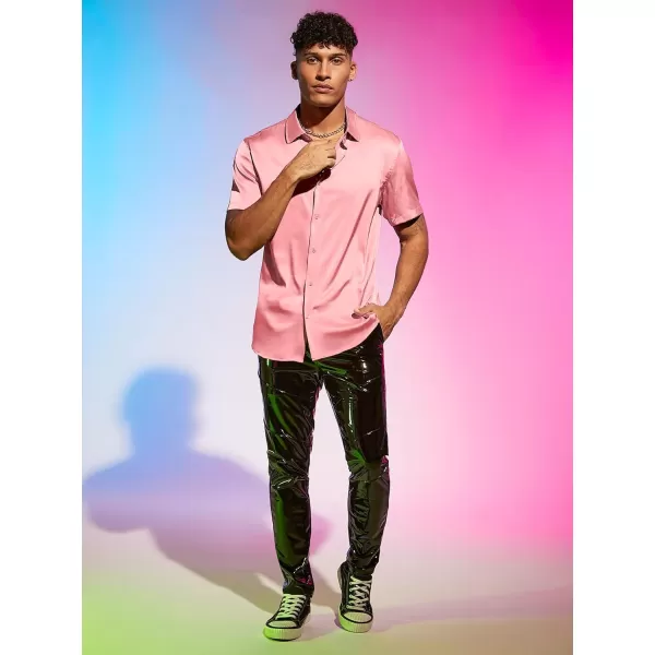 WDIRARA Men's Stand Collar Button Down Shirt Short Sleeve Button Front Top Satin Blouse