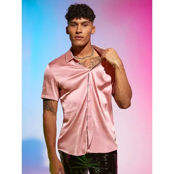 WDIRARA Men's Stand Collar Button Down Shirt Short Sleeve Button Front Top Satin Blouse
