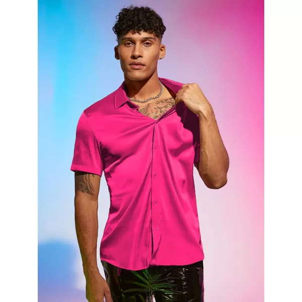 WDIRARA Men's Stand Collar Button Down Shirt Short Sleeve Button Front Top Satin Blouse