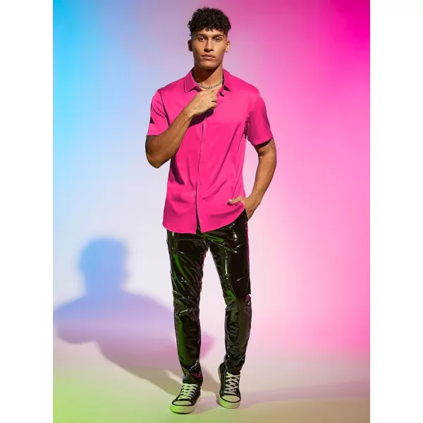 WDIRARA Men's Stand Collar Button Down Shirt Short Sleeve Button Front Top Satin Blouse