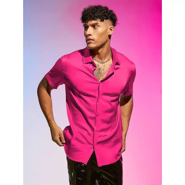WDIRARA Men's Stand Collar Button Down Shirt Short Sleeve Button Front Top Satin Blouse