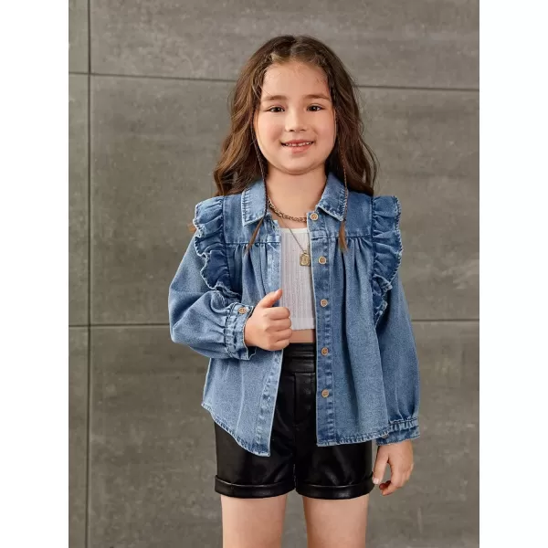 WDIRARA Toddler Girl's Ruffle Trim Collared Long Sleeve Button Up Denim Shirt Jacket