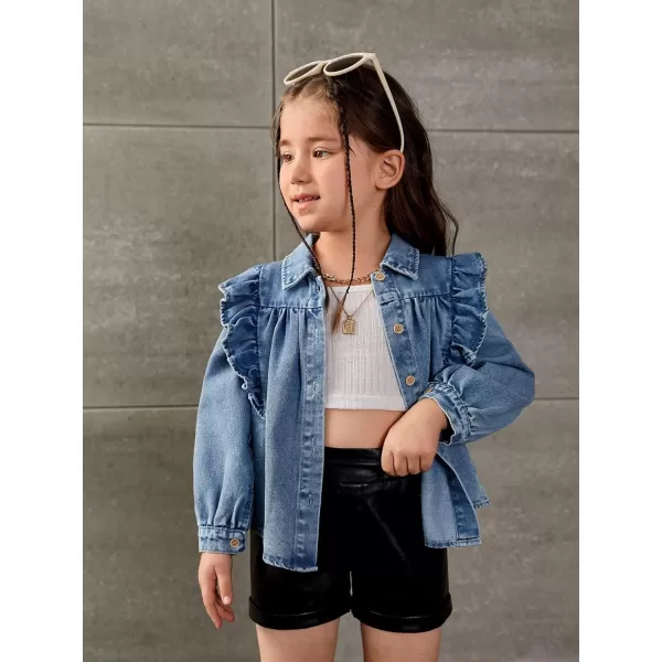 WDIRARA Toddler Girl's Ruffle Trim Collared Long Sleeve Button Up Denim Shirt Jacket
