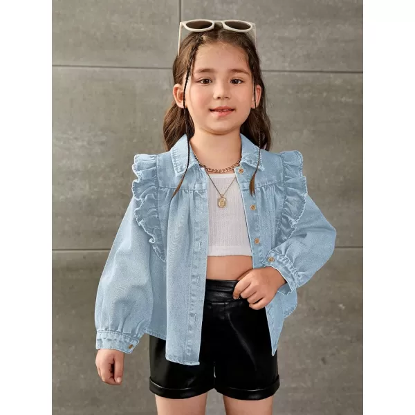WDIRARA Toddler Girl's Ruffle Trim Collared Long Sleeve Button Up Denim Shirt Jacket