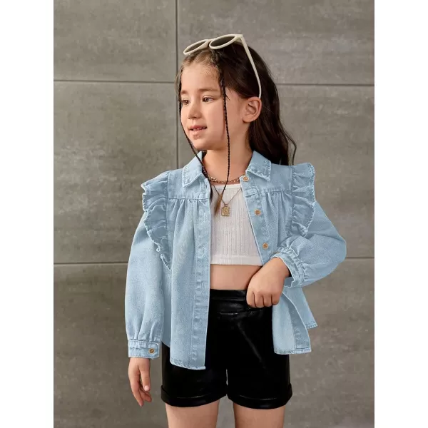 WDIRARA Toddler Girl's Ruffle Trim Collared Long Sleeve Button Up Denim Shirt Jacket