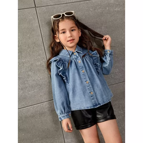 WDIRARA Toddler Girl's Ruffle Trim Collared Long Sleeve Button Up Denim Shirt Jacket