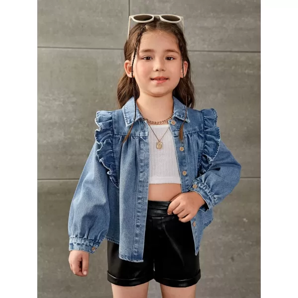 WDIRARA Toddler Girl's Ruffle Trim Collared Long Sleeve Button Up Denim Shirt Jacket