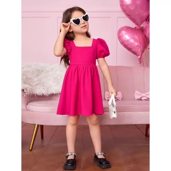 WDIRARA Toddler Girl's Square Neck Short Puff Sleeve A Line Flared Tie Back Cute Mini Dress