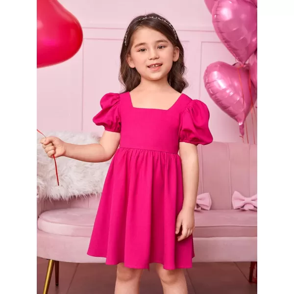 WDIRARA Toddler Girl's Square Neck Short Puff Sleeve A Line Flared Tie Back Cute Mini Dress