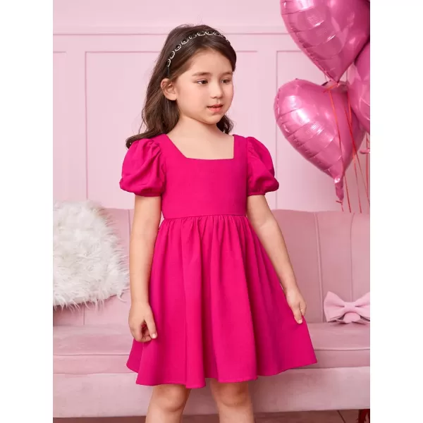 WDIRARA Toddler Girl's Square Neck Short Puff Sleeve A Line Flared Tie Back Cute Mini Dress