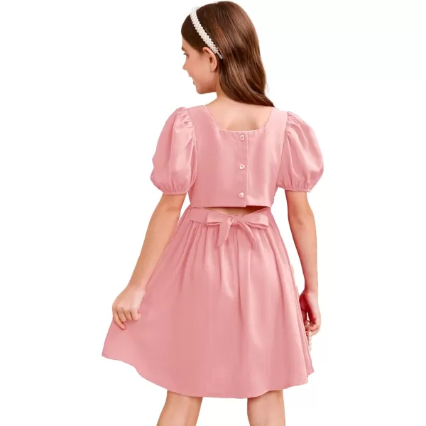 WDIRARA Toddler Girl's Square Neck Short Puff Sleeve A Line Flared Tie Back Cute Mini Dress