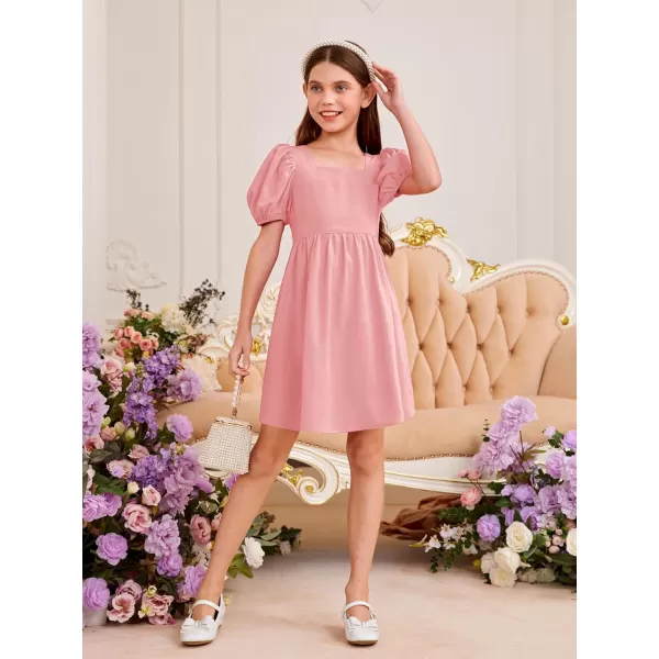 WDIRARA Toddler Girl's Square Neck Short Puff Sleeve A Line Flared Tie Back Cute Mini Dress