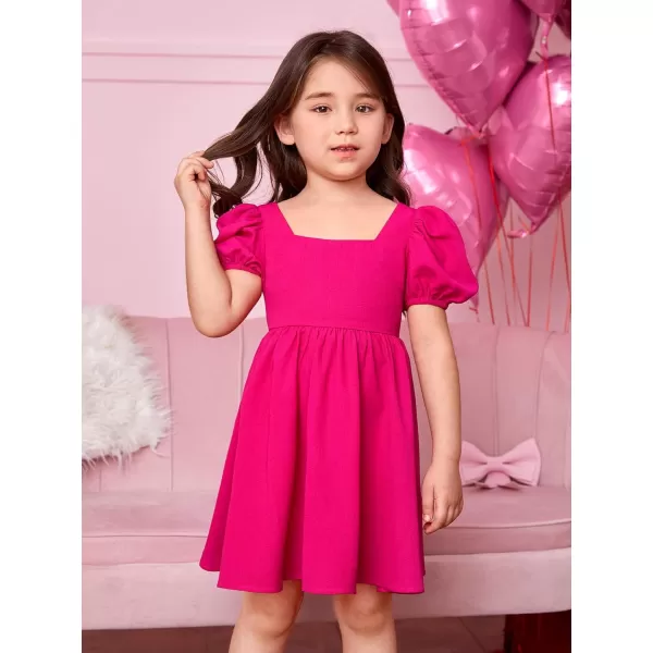 WDIRARA Toddler Girl's Square Neck Short Puff Sleeve A Line Flared Tie Back Cute Mini Dress