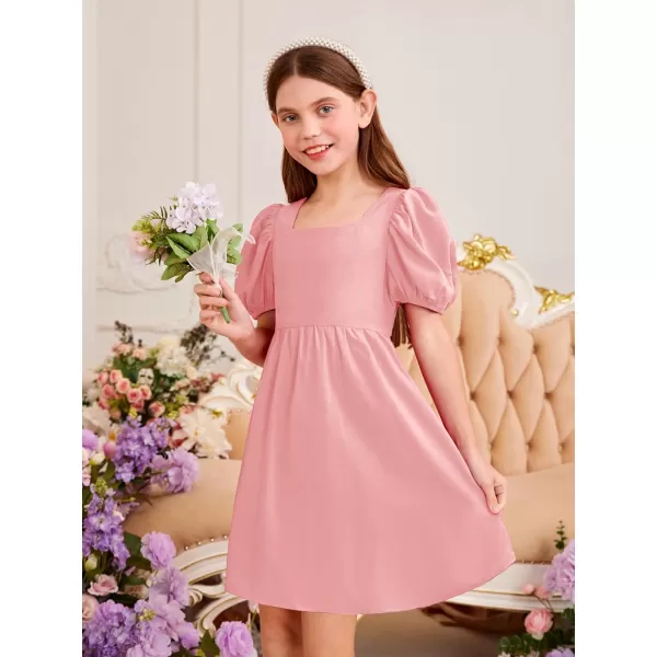 WDIRARA Toddler Girl's Square Neck Short Puff Sleeve A Line Flared Tie Back Cute Mini Dress