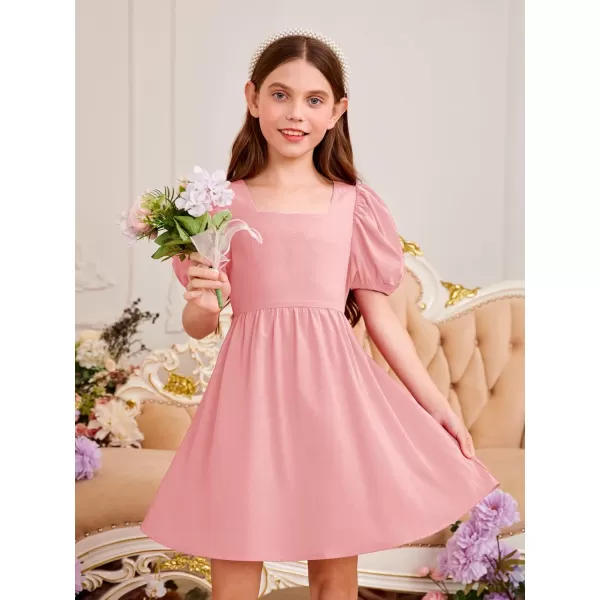 WDIRARA Toddler Girl's Square Neck Short Puff Sleeve A Line Flared Tie Back Cute Mini Dress