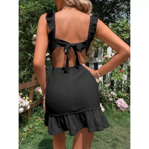 WDIRARA Women's Boho Backless Knot Ruffle Hem High Waist Trim Textured Mini Dress