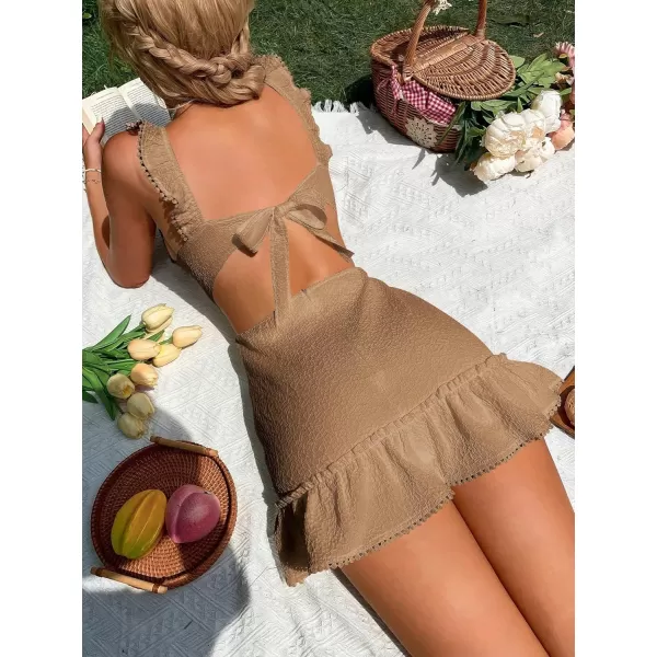 WDIRARA Women's Boho Backless Knot Ruffle Hem High Waist Trim Textured Mini Dress