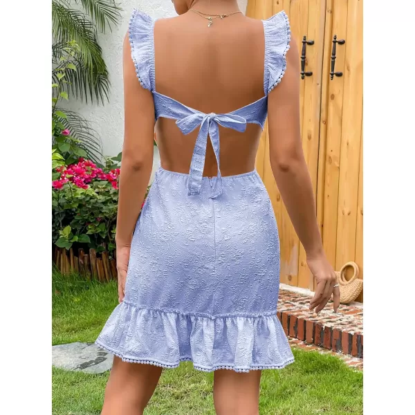 WDIRARA Women's Boho Backless Knot Ruffle Hem High Waist Trim Textured Mini Dress