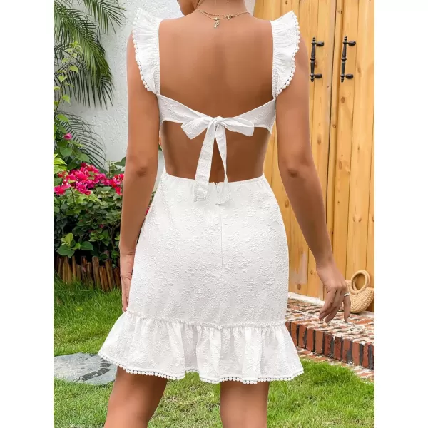 WDIRARA Women's Boho Backless Knot Ruffle Hem High Waist Trim Textured Mini Dress