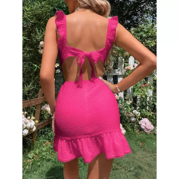 WDIRARA Women's Boho Backless Knot Ruffle Hem High Waist Trim Textured Mini Dress