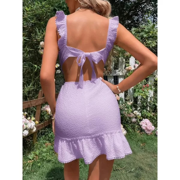 WDIRARA Women's Boho Backless Knot Ruffle Hem High Waist Trim Textured Mini Dress
