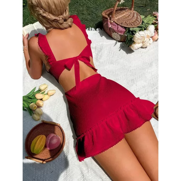 WDIRARA Women's Boho Backless Knot Ruffle Hem High Waist Trim Textured Mini Dress
