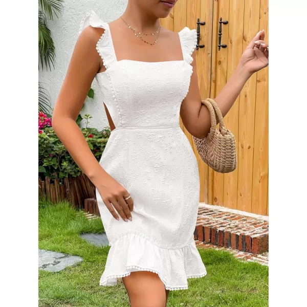 WDIRARA Women's Boho Backless Knot Ruffle Hem High Waist Trim Textured Mini Dress