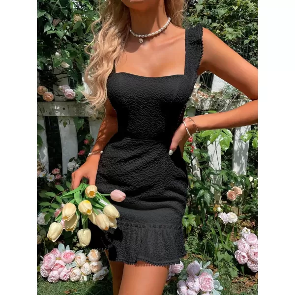 WDIRARA Women's Boho Backless Knot Ruffle Hem High Waist Trim Textured Mini Dress