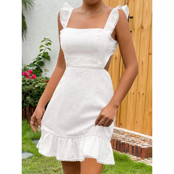 WDIRARA Women's Boho Backless Knot Ruffle Hem High Waist Trim Textured Mini Dress