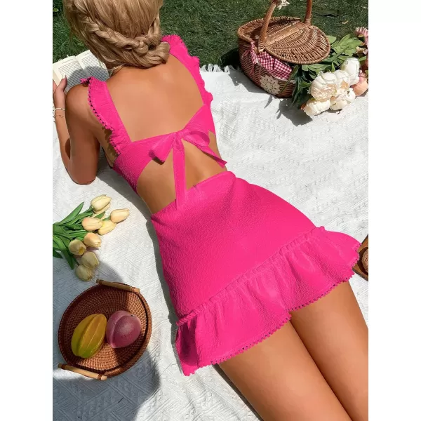 WDIRARA Women's Boho Backless Knot Ruffle Hem High Waist Trim Textured Mini Dress