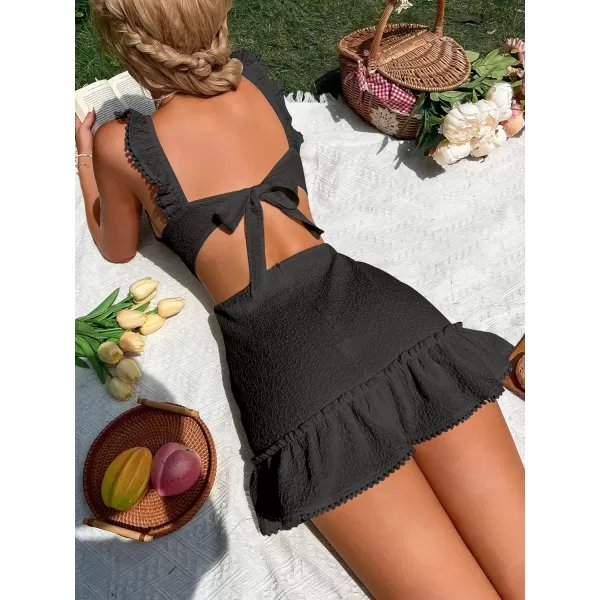 WDIRARA Women's Boho Backless Knot Ruffle Hem High Waist Trim Textured Mini Dress