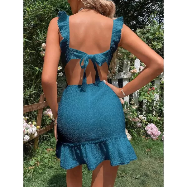 WDIRARA Women's Boho Backless Knot Ruffle Hem High Waist Trim Textured Mini Dress
