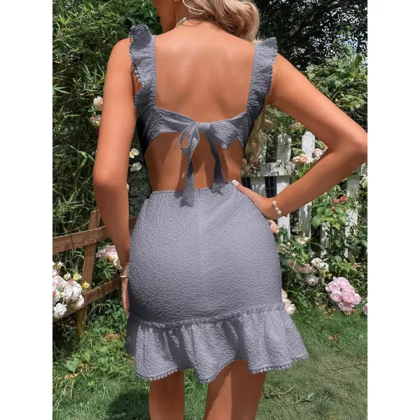 WDIRARA Women's Boho Backless Knot Ruffle Hem High Waist Trim Textured Mini Dress