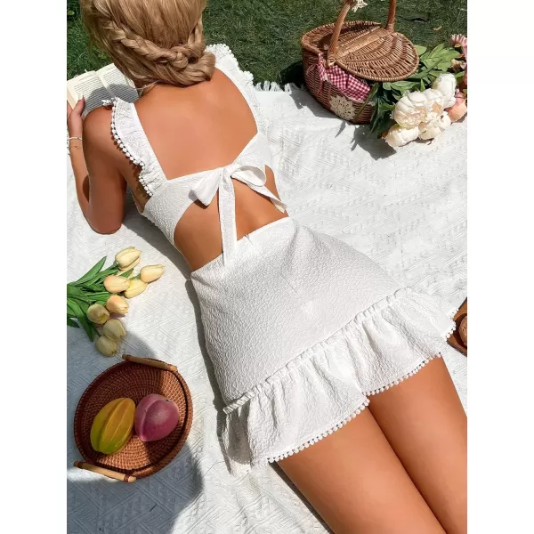 WDIRARA Women's Boho Backless Knot Ruffle Hem High Waist Trim Textured Mini Dress
