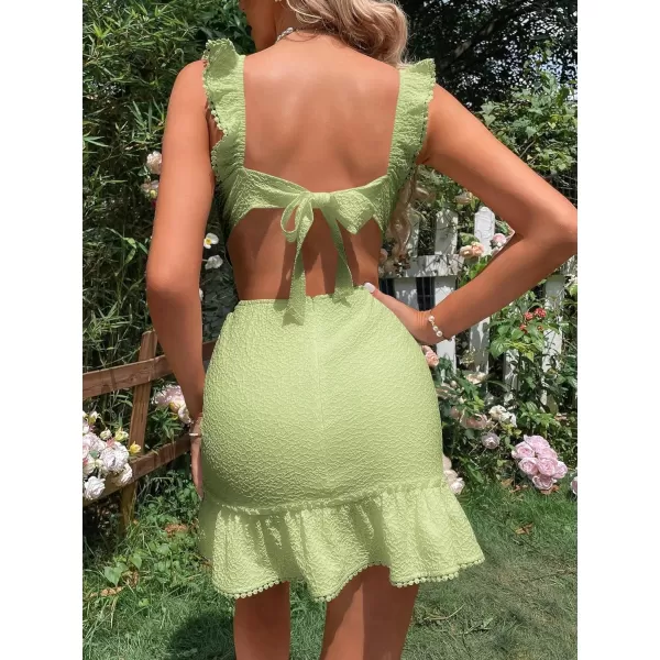 WDIRARA Women's Boho Backless Knot Ruffle Hem High Waist Trim Textured Mini Dress