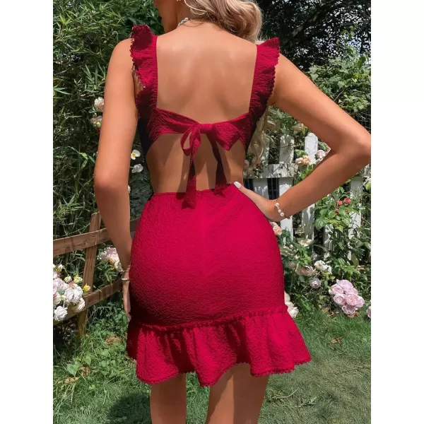 WDIRARA Women's Boho Backless Knot Ruffle Hem High Waist Trim Textured Mini Dress