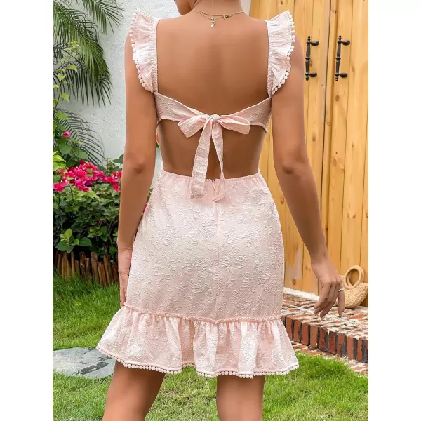 WDIRARA Women's Boho Backless Knot Ruffle Hem High Waist Trim Textured Mini Dress
